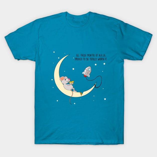 mouse flyes to the moon for cheese T-Shirt by Brash Ideas